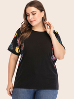 T-shirt grande taille pour femme noir col bijou manches courtes imprimé floral surdimensionné t-shirt décontracté