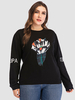 T-Shirt grande taille pour femme noir col bijou manches longues côtelé manchette en tricot imprimé floral surdimensionné T-Shirt décontracté