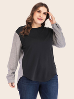 T-shirt grande taille pour femme noir col bijou T-shirt long manches chemisier décontracté surdimensionné