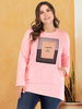 T-shirt grande taille pour femme rose col bijou manches longues imprimé surdimensionné t-shirt décontracté