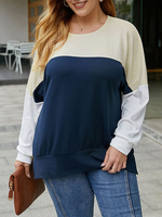 T-shirt grande taille pour femmes col bijou cloche manches longues couleur bloc polyester t-shirt bleu encre