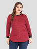 T-shirt grande taille pour femmes col bijou rouge manches longues côtelé manchette en tricot surdimensionné T-Shirt décontracté