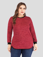 T-shirt grande taille pour femmes col bijou rouge manches longues côtelé manchette en tricot surdimensionné T-Shirt décontracté
