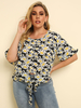 T-shirt grande taille pour femmes imprimé floral motif bijou col pétale manches courtes noué T-shirt décontracté"idien
