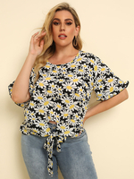 T-shirt grande taille pour femmes imprimé floral motif bijou col pétale manches courtes noué T-shirt décontracté"idien