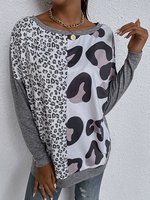 T-shirt Impimé Léopard Femme Court avec Manches Longues à Col Rond Bicolores Décontracté T-shirt Femme