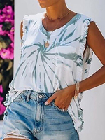 T-shirt imprimé en coton sans manches à col bijou pour femme