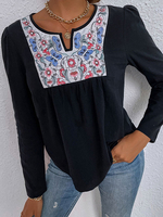 T-shirt Imprimé Fleurie Femme avec Manches Longues à Col Rond Bas Evasée Broderie T-shirt Femme