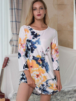 T-shirt Imprimé Fleurie Femme Sexy Eté à Col Rond avec Manches Mi-longues Bas Evasée Bicolores Tee Shirt