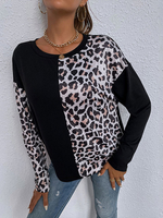 T-shirt Imprimé Léopard Court Femme avec Manches Longues à Col Rond Bicolores T-shirt Femme