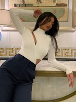 T-shirt Moulant Femme à Col Montant avec Manches Longues Unicolore Top Haute Sexy