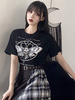 T-shirt noir pour femmes à col bijou et haut en coton à manches courtes
