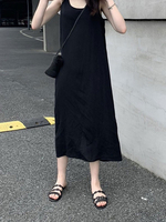 T-shirt noir Robes en polyester sans manches col en V longue robe dété