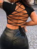 T-shirt Taille Haute à Col Montant avec Manches Courtes avec Dos Nu à Lacets Croisés Unicolore Haut Sexy