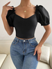 T-shirt Taille Haute à Col V avec Manches Courtes Amples Coupe Cintrée Unicolore