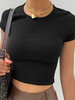 T-shirt Taille Haute Femme Haut Sexy à Col Rond avec Manches Courtes Unicolore