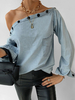 T-shirt Top Chemisier Femme Courte Sexy avec Manches Longues Epaule Dénudées avec Poche Décontracté Unicolore