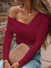 T-shirt Top Court Femmes avec Manches Longues Epaules Nues en Cotons Unicolore Moulant Coupe Cintrée