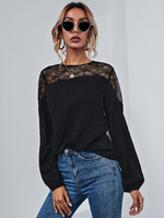 T-shirt Top Femme avec Manches Longues Amples en Dentelles Creusantes Florales Unicolore T-shirt Top Sexy