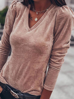 T-shirt Top Femmes à Col V Court avec Manches Longues en Velours Côtelés Unicolore