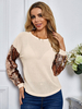 T-shirt Top Femmes avec Manches Longues à Col Rond Cousu avec Paillettes Court Bicolores T-shirt Top Femmes