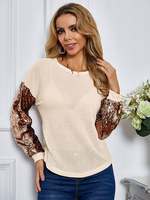 T-shirt Top Femmes avec Manches Longues à Col Rond Cousu avec Paillettes Court Bicolores T-shirt Top Femmes