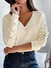 T-shirt Top Femmes Manches Longues à Col V avec Manches Longues Décors avec Boutons Unicolore Courte T-shirt Femmes
