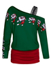 T-shirt Top Femmes Manches Longues avec Epaules Nus Courte Imprimé avec Motifs NOEL Dentelles Bicolores