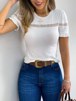 T-shirts à manches courtes blanc découpé en coton mélangé à col bijou T-shirt femme