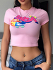 T-shirts à manches courtes en coton mélangé rose lettres à imprimé bijou cou femmes T-shirt