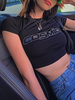 T-shirts à manches courtes en polyester noir avec strass et col à bijoux pour femmes