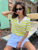 T-shirts à manches courtes rayures jaunes col rabattu acrylique femmes t-shirt