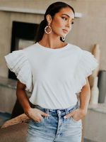 T-shirts à manches courtes volants blancs col bijou en polyester pour femmes