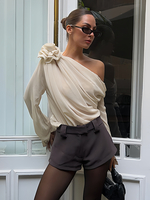T-Shirts À Manches Longues Abricot Asymétriques Une Épaule Fleur Polyester Femmes
