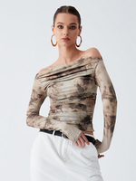 T-shirts à manches longues en polyester kaki imprimé col bateau femme