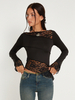 T-Shirts À Manches Longues En Polyester Noir Dentelle Irrégulière Femmes T-Shirt