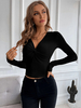 T-shirts à manches longues noir extensible noué plissé col en v Polyester femmes t-shirt