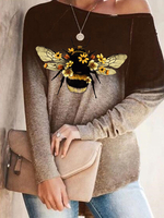 T-shirts à manches longues pour femmes T-shirt en coton polyester imprimé abeille marron