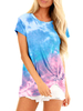 T-shirts femme bleu ciel clair Tie Dye t-shirt en polyester à col bijou pour femme