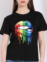 T-shirts manches courtes T-shirt en coton à col bijou imprimé à lèvres noires pour femmes