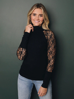 T-Shirts Noir En Dentelle À Manches Longues Col Montant Polyester Femmes Top