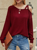 T-shirts pour femmes à manches longues avec encolure en coton mélangé rouge à épaules ouvertes