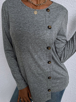 T-shrit Femme Court à Col Rond avec Manches Longues avec Boutons Unicolore T-shirt Femme