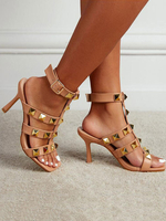 T-Strap Talons Café Marron À Bout Ouvert Talons Chunky T-Type Bandage Talons En Cuir PU