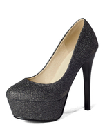 Talon Haut 2021 Noir Femme Plate-Forme Orteil Rond Glissant Chausson Brillant Chaussures De Soirée