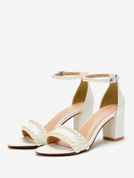Talon Épais Chaussures À Talons Hauts Sandales À Ceinture Plate Perles Blanches Bout Ouvert