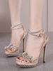 Talon Sandales Abricot Talon Aiguille Bout Carré En Cuir PU Haut Sexy Bride De Cheville Talons
