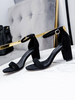 Talon Sandales Sandales Talon Chunky Noir Bout Rond Micro Suede Bride De Cheville Supérieure Talons