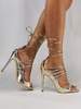 Talons à lacets blonds pour femmes talon aiguille bout ouvert en cuir verni sandales à talons dété