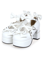Talons blancs Chunky Lolita Shoes Square talons hauts cheville sangle arcs coeur forme boucles Déguisements Halloween